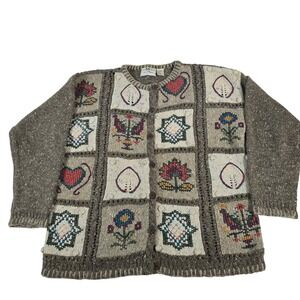 LE MODA Knitwear Women's Cardigan Sweater Multicolor Patchwork Folk Art Nature L